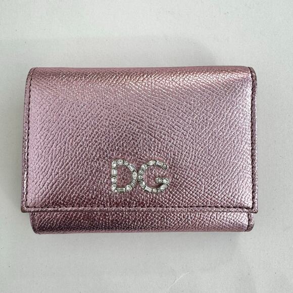 Dolce and Gabbana Trifold Metallic Dauphine Leather Small Wallet w/ Crystal Logo - Picture 2 of 13